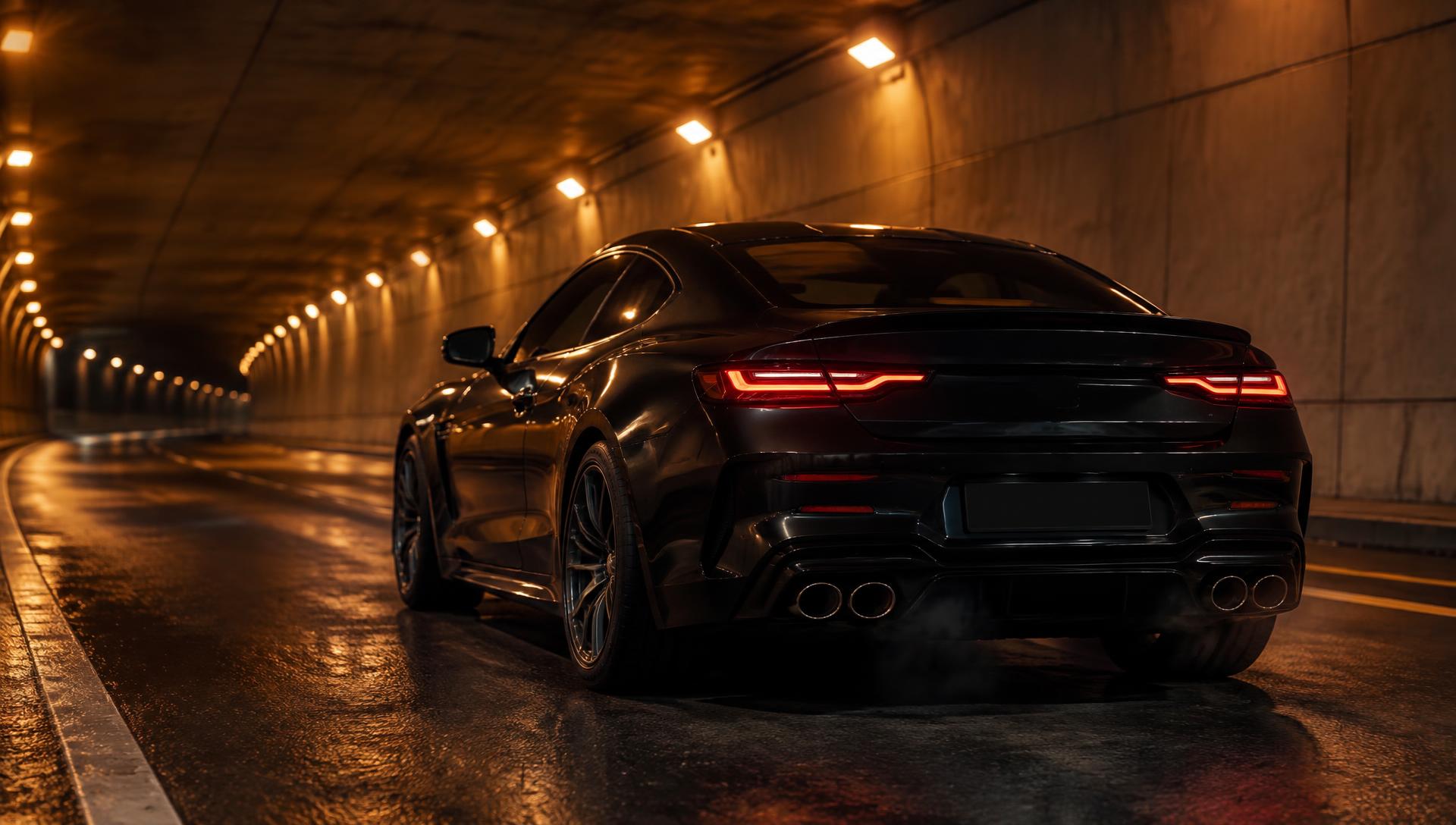 Auto sportiva nera vista da dietro in una galleria illuminata di luce ambra, con gli scarichi in evidenza